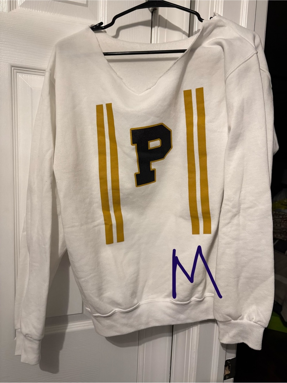 Off The Shoulder White PURDUE sweatshirt with Gold Stripe and 'P' Graphic